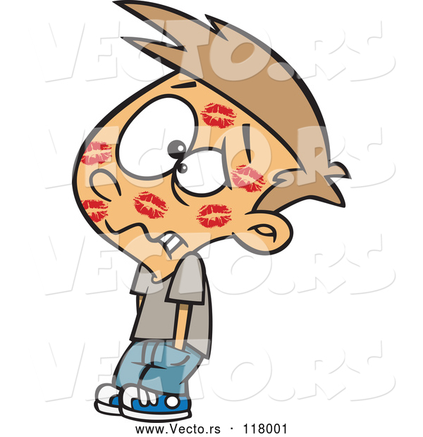 Cartoon Vector of Disgusted Boy Covered in Lipstick Kisses