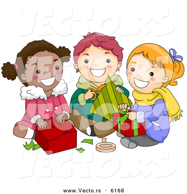 Cartoon Vector of Diverse Kids Opening Gifts on Christmas