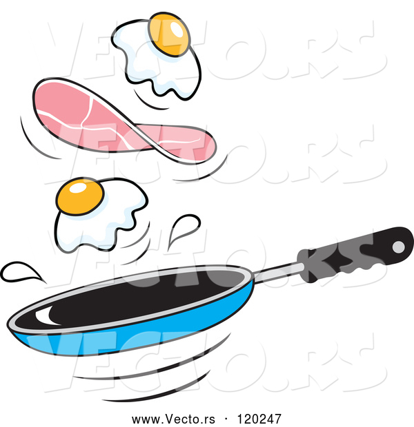 Cartoon Vector of Eggs and Ham Flipping over a Frying Pan
