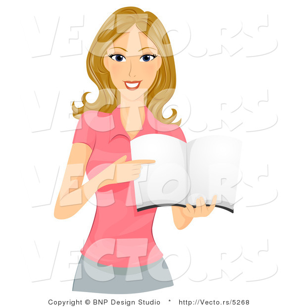 Cartoon Vector of Girl Pointing at Page Within Blank Book