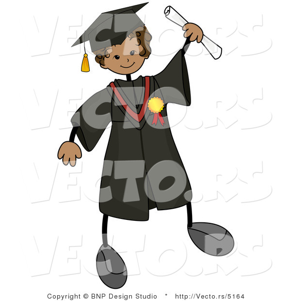 Cartoon Vector of Graduating Stick Boy Wearing Cap and Gown While Holding out His Certificate