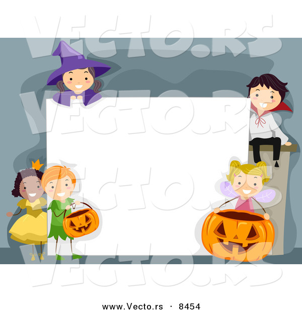 Cartoon Vector of Halloween Kids Around a Blank Sign