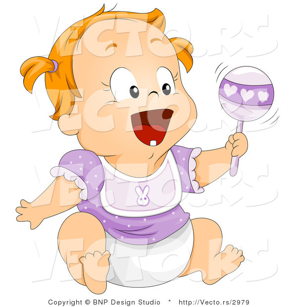 Cartoon Vector of Happy Baby Girl Laughing and Shaking a Rattle Toy