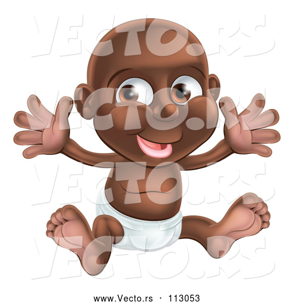 Cartoon Vector of Happy Black Baby Boy in a Diaper, Holding His Arms up
