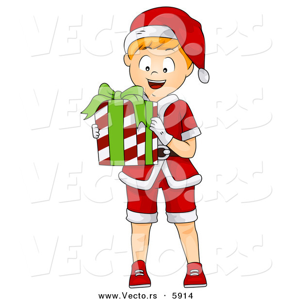 Cartoon Vector of Happy Christmas Boy Holding a Present