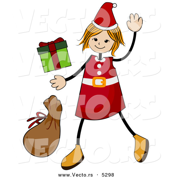 Cartoon Vector of Happy Christmas Girl Waving