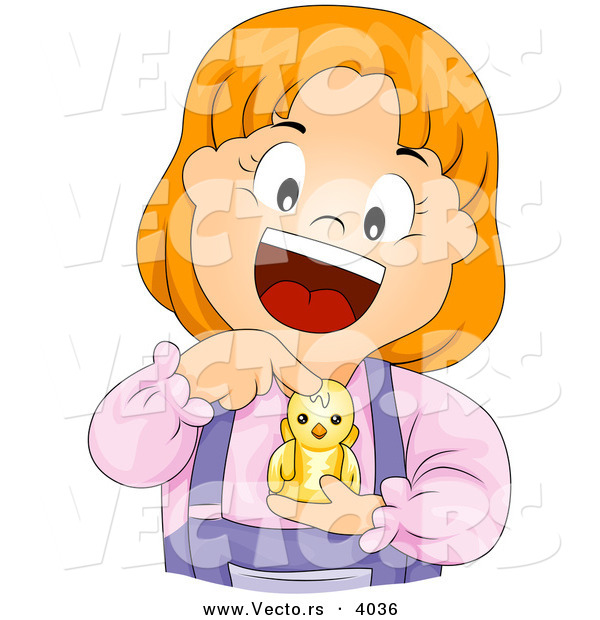 Cartoon Vector of Happy Girl Holding Baby Yellow Bird