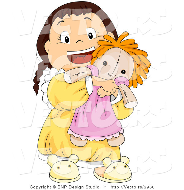 Cartoon Vector of Happy Girl Hugging Doll