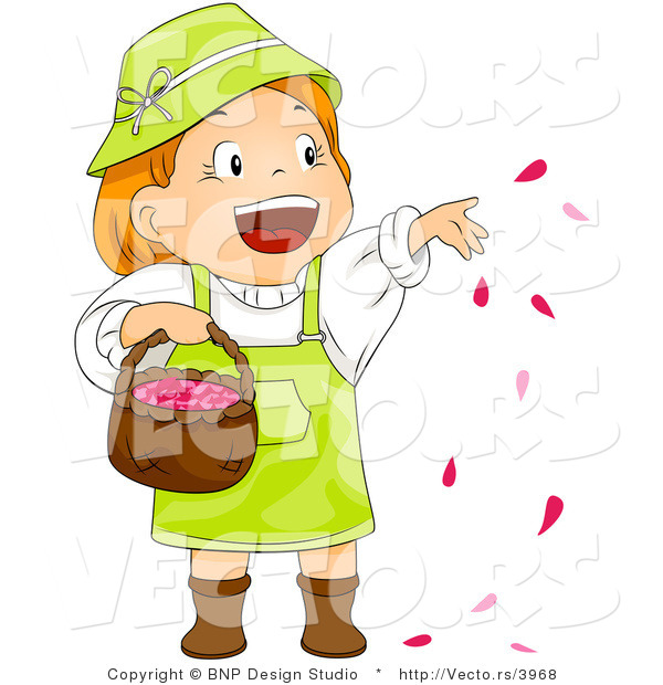 Cartoon Vector of Happy Girl Throwing Red Rose Petals into Air from Basket