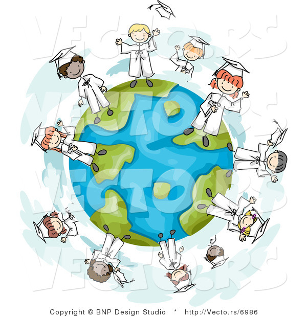 Cartoon Vector of Happy Graduating Kids Standing Around a Globe