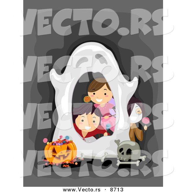 Cartoon Vector of Happy Halloween Kids Peeking Through a Spooky Ghost Border Frame