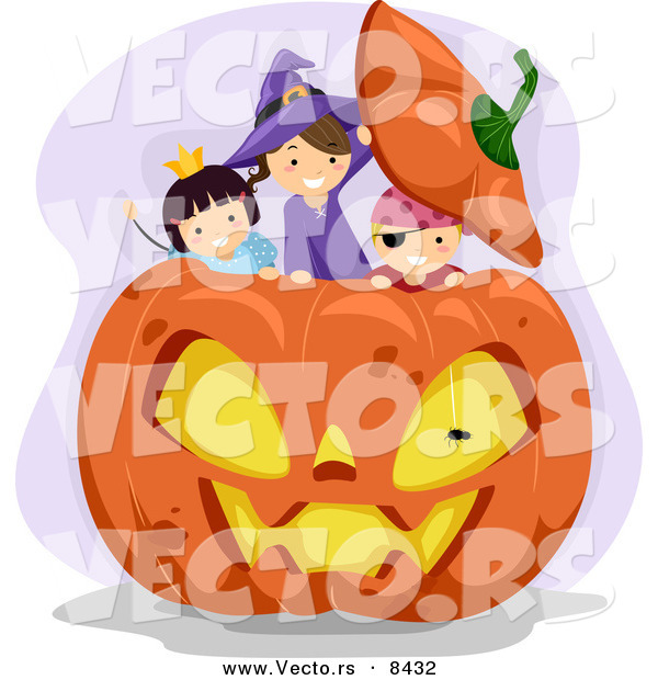 Cartoon Vector of Happy Halloween Kids Playing in a Giant Jack O'Lantern Pumpkin