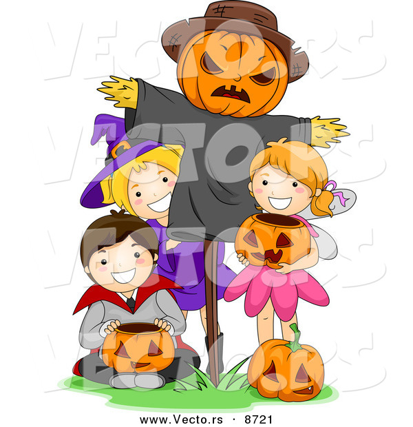 Cartoon Vector of Happy Halloween Kids Posing Beside a Scarecrow