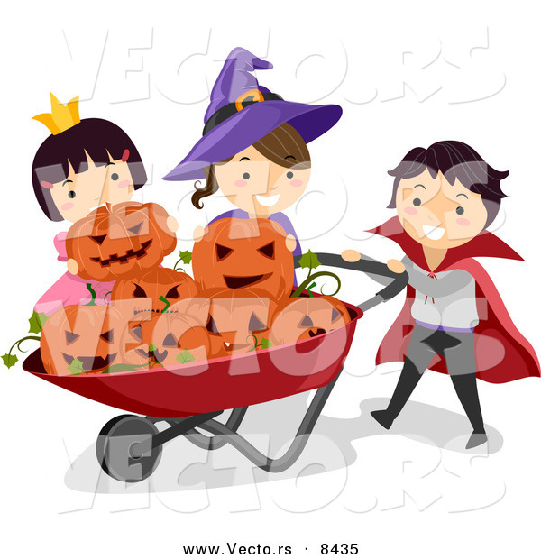 Cartoon Vector of Happy Halloween Kids Putting Jack O'Lanterns in a Wheelbarrow