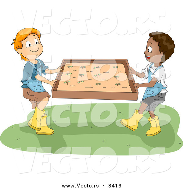 Cartoon Vector of Happy Kids Moving a Raised Garden Bed by BNP Design ...