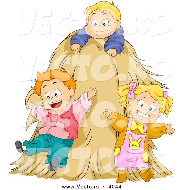 Cartoon Vector of Happy Kids Playing on Hay Stack
