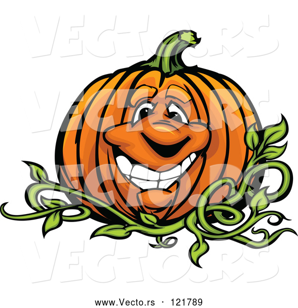Cartoon Vector of Happy Pumpkin Mascot on the Vine