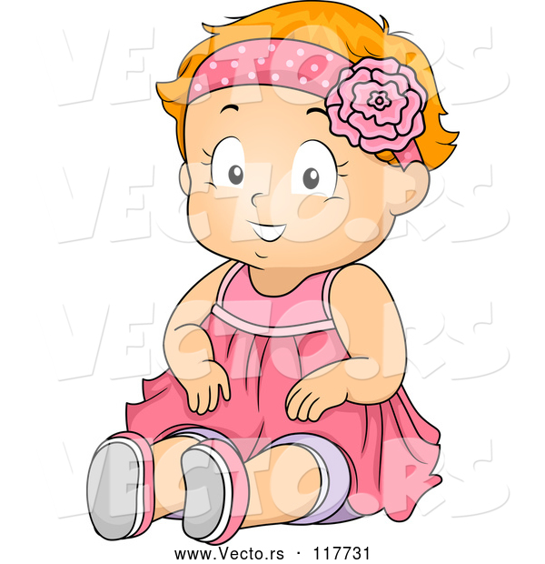 Cartoon Vector of Happy Red Haired Toddler Girl Sitting in a Pink Dress
