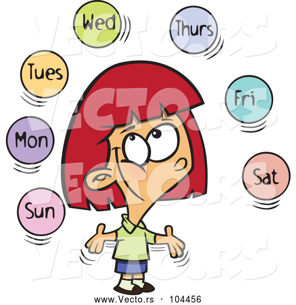 Cartoon Vector of Happy Red Haired White Girl Learning the Days of the Week