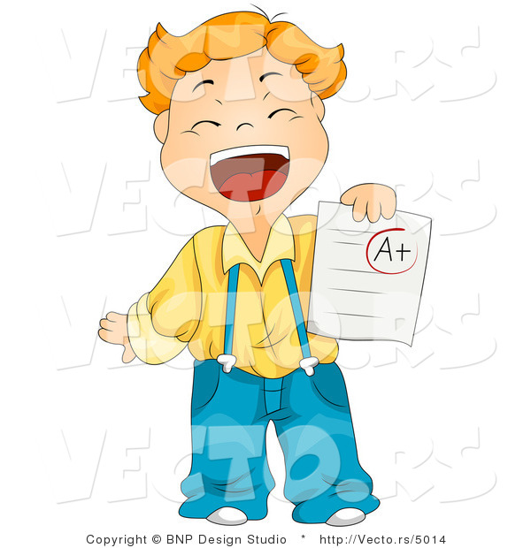 Cartoon Vector of Happy School Boy with a Plus Report Card