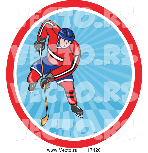 Cartoon Vector of Hockey Player in an Oval of Blue Rays