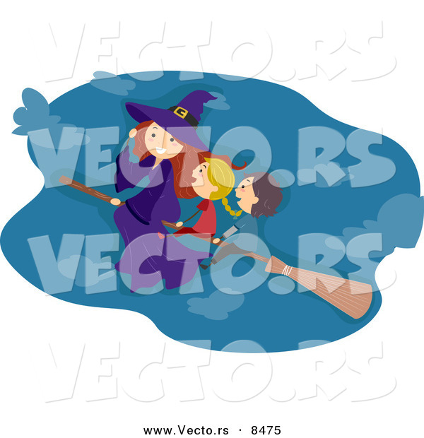 Cartoon Vector of Kids and a Witch Flying on a Broomstick