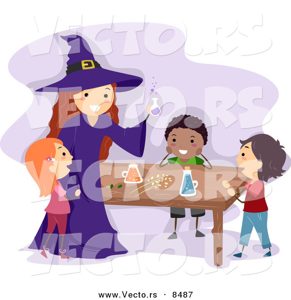 Cartoon Vector of Kids and a Witch Making a Potion on Halloween