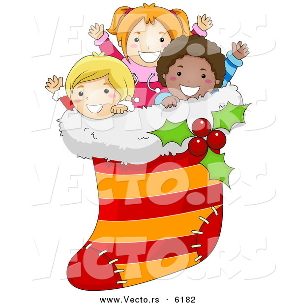 Cartoon Vector of Kids in a Christmas Stocking