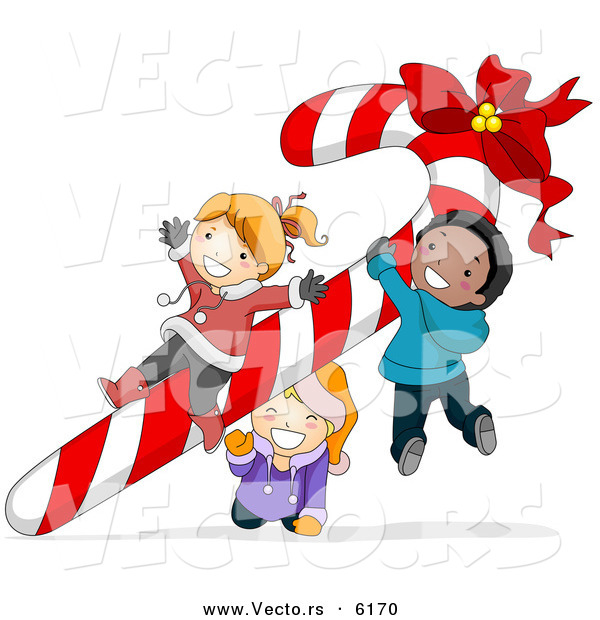 Cartoon Vector of Kids Playing on a Big Candy Cane on Christmas