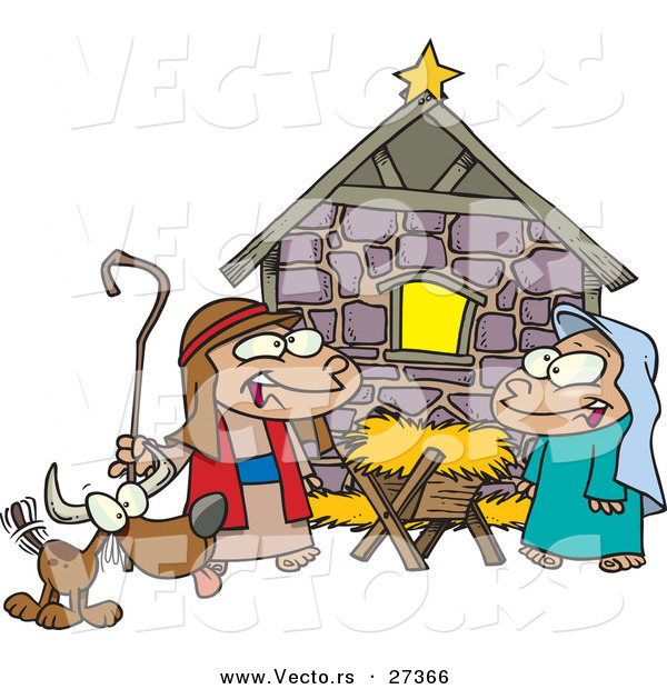 Cartoon Vector of Kids Playing Religious Nativity Scene with Dog