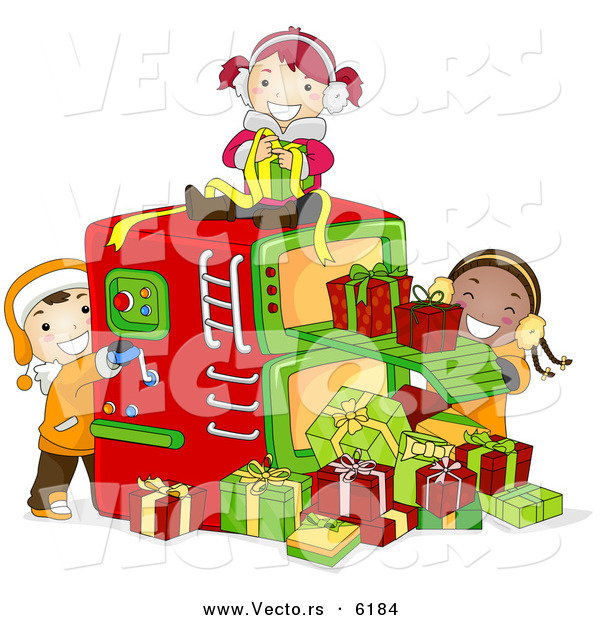 Cartoon Vector of Kids Working in a Gift Factory During Christmas
