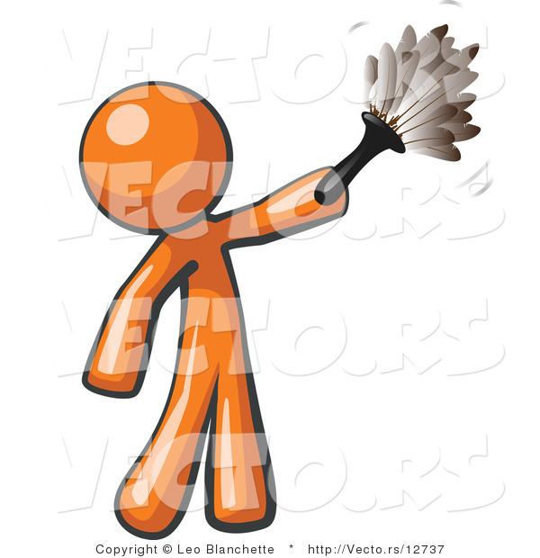 Cartoon Vector of Orange Guy Cleaning with a Feather Duster
