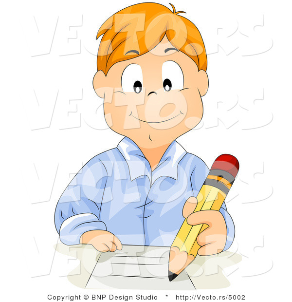 Cartoon Vector of Red Hair School Boy Writing on Paper with Pencil