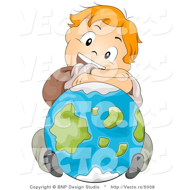 Cartoon Vector of Red Haired School Boy Resting His Arms and Head on a Globe