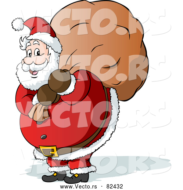 Cartoon Vector of Santa Carrying Full Sack of Toys