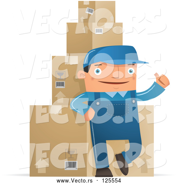 Cartoon Vector of Shipping Warehouse Man Leaning Against Packaged Boxes