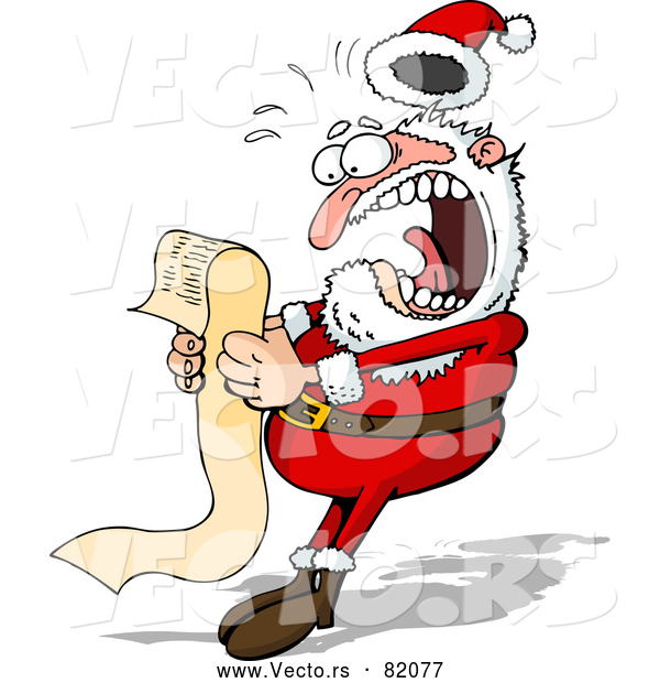Cartoon Vector of Shocked Santa Screaming at Long Wish List