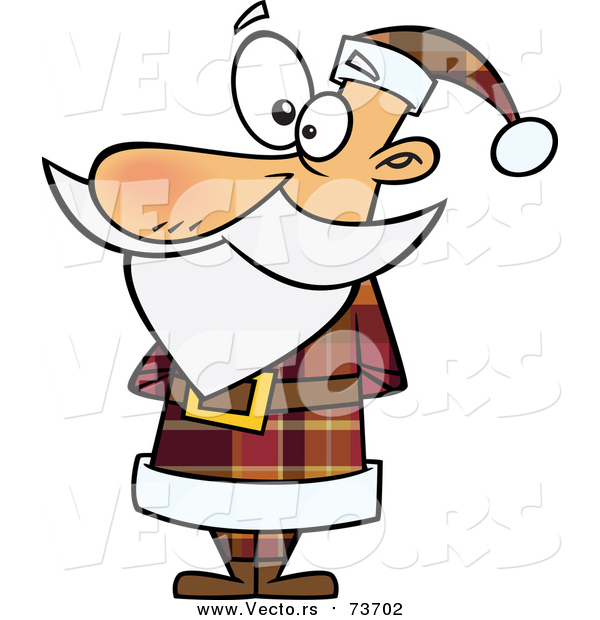 Cartoon Vector of Standing and Waiting Santa in a Brown Plaid Suit