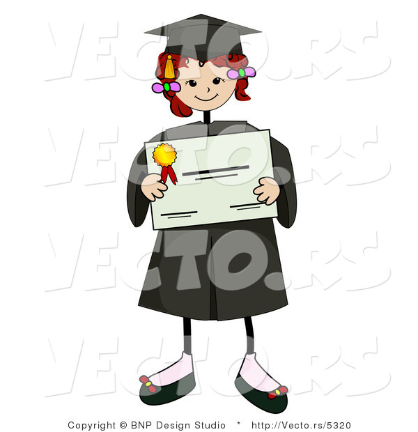 Cartoon Vector of Stick Figure Girl Holding Graduation Certificate