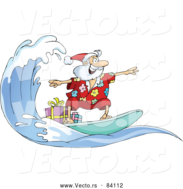 Cartoon Vector of Surfing Santa with Presents