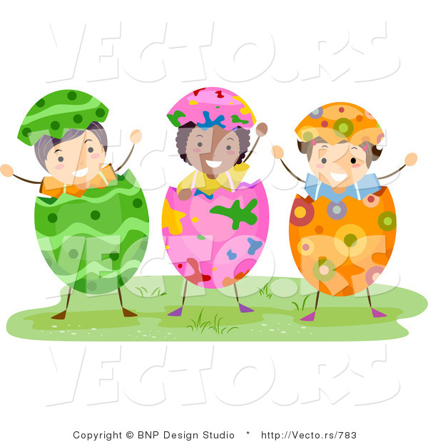 Cartoon Vector of Three Kids Wearing Easter Egg