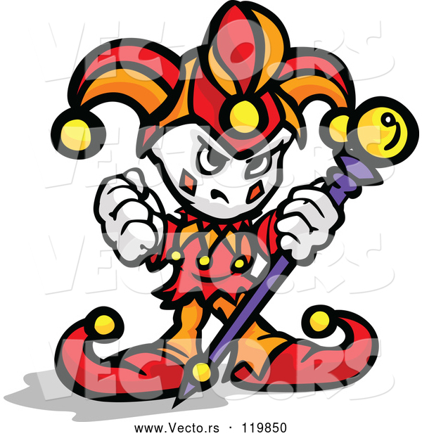 Cartoon Vector of Tough Little Jester Holding a Fist and Staff