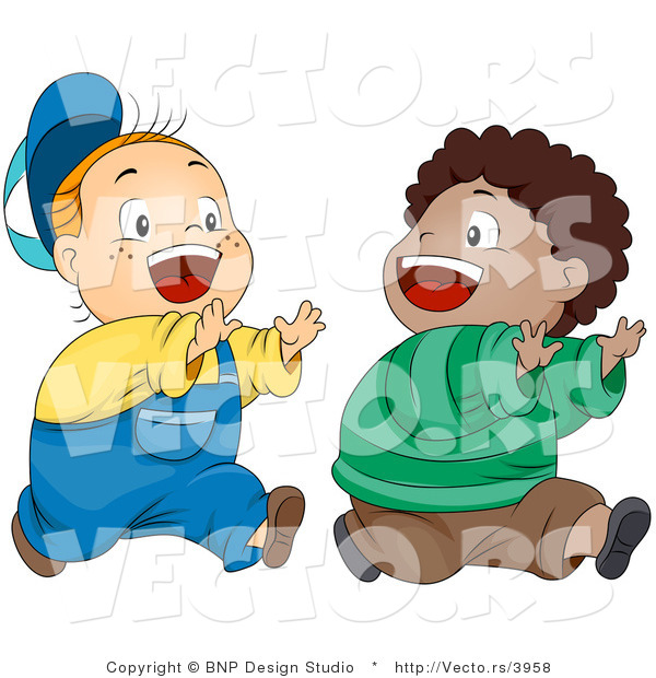 Cartoon Vector of Two Happy Boys Playing Tag - They Are Running After Each Other