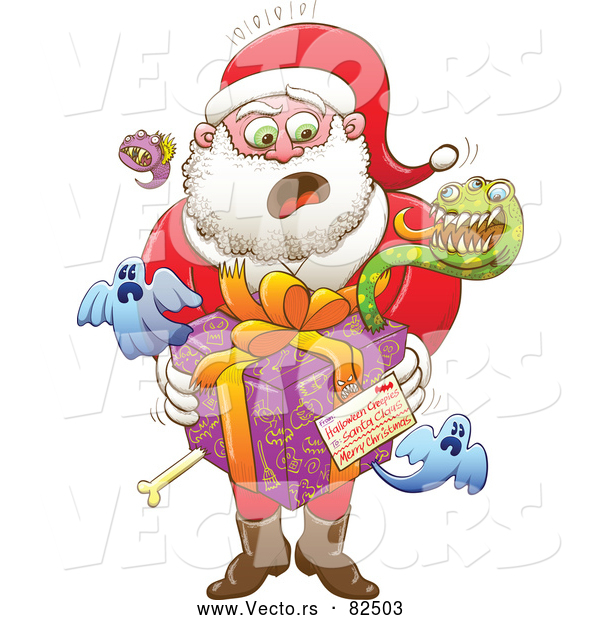 Cartoon Vector of Unsure Santa Delivering Spooky Creepy Gift
