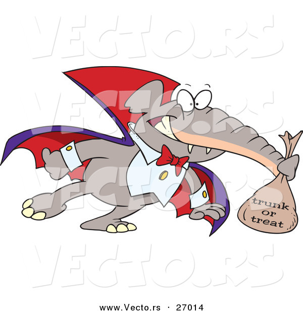 Halloween Vector of a Cartoon Vampire Elephant Running with Bag of Candy