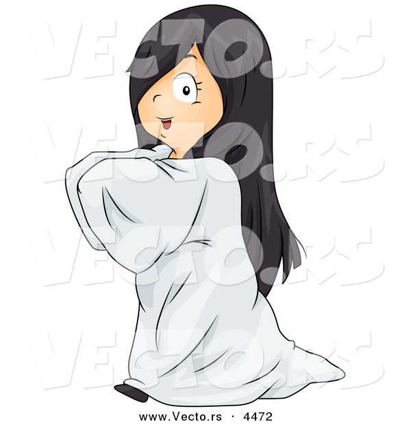 Halloween Vector of a Cute Cartoon Girl Wearing a Ghost Costume While Walking Forward Creepily