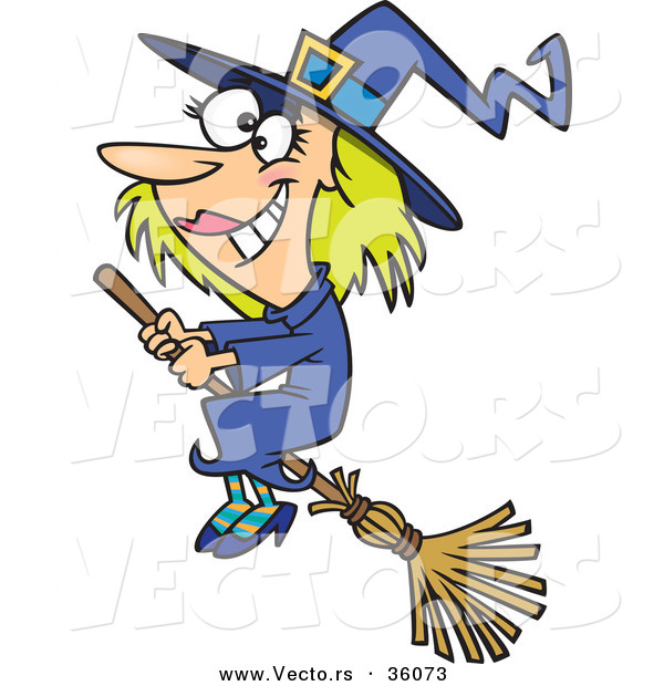 Halloween Vector of a Good Happy Cartoon Witch Flying on a Broom
