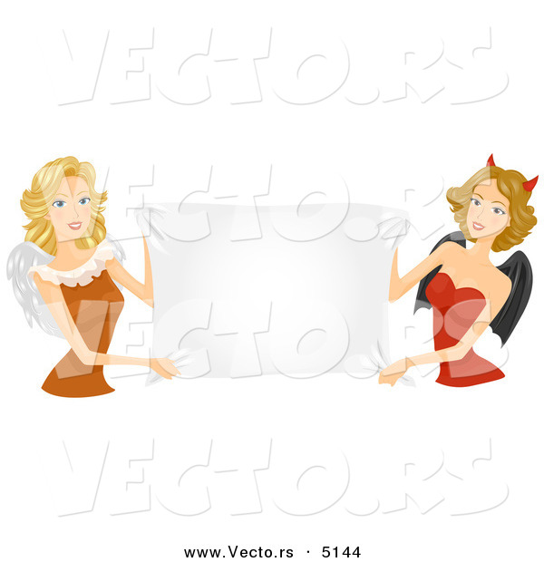 Halloween Vector of Beautiful Angel and Devil Girls Holding a Blank Banner Sign