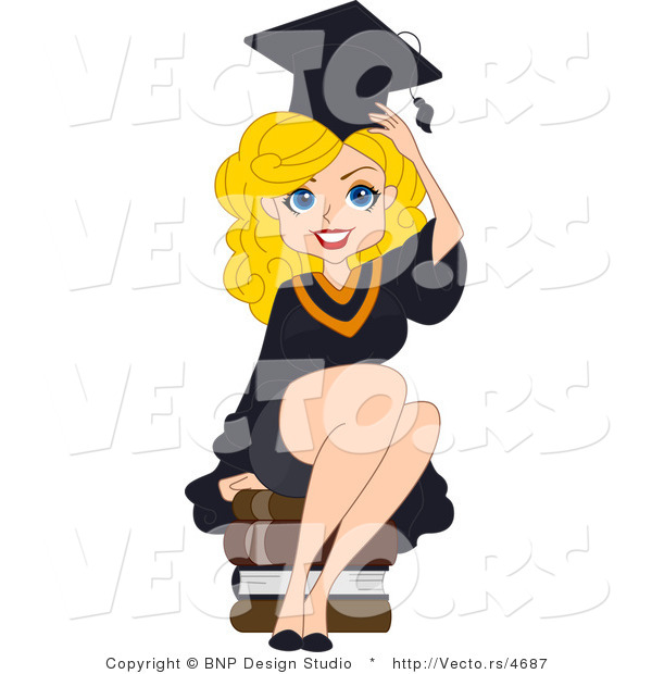 Vector Cartoon of Graduating Pinup School Girl Sitting on Books