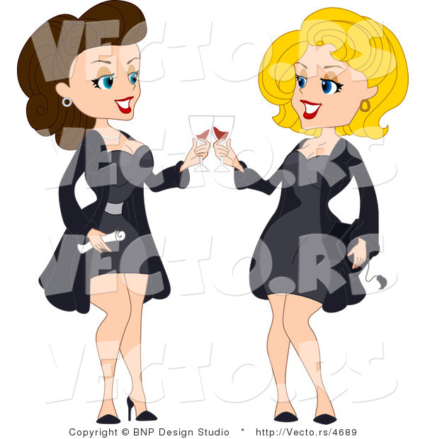 Vector Cartoon of Graduation Pinup Girls Toasting Each Other
